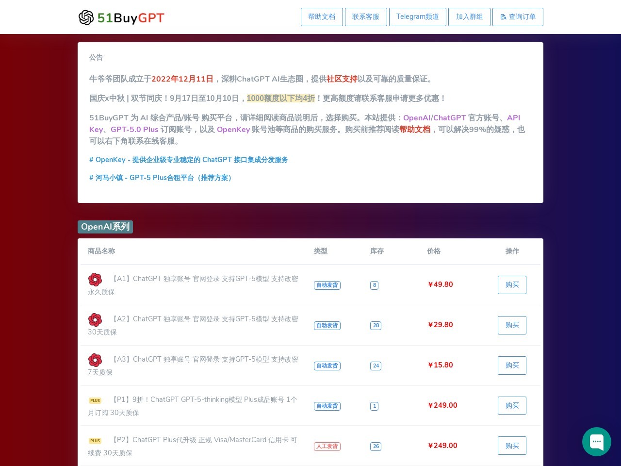 ChatGPT账号销售
